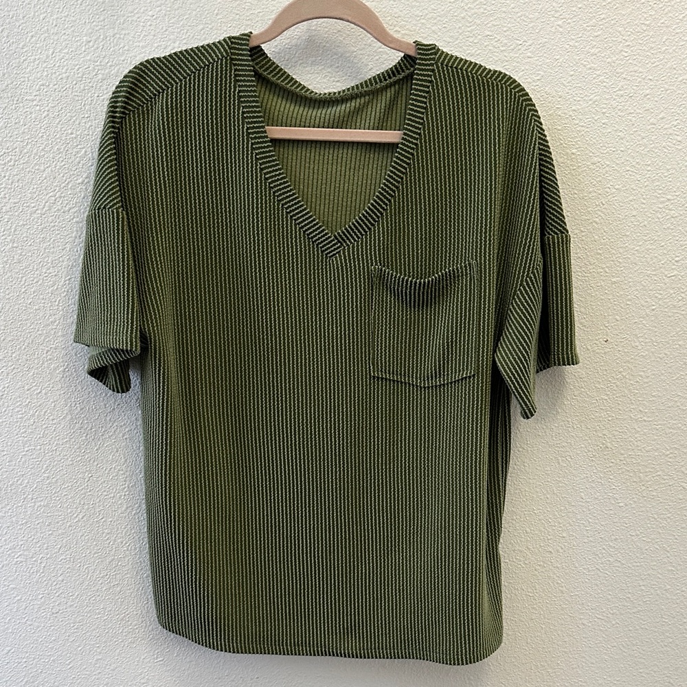 Green V-Neck Ribbed Knit Top